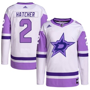Derian Hatcher Men's Adidas Dallas Stars Authentic White/Purple Hockey Fights Cancer Primegreen Jersey