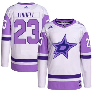 Esa Lindell Men's Adidas Dallas Stars Authentic White/Purple Hockey Fights Cancer Primegreen Jersey