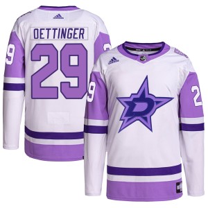Jake Oettinger Men's Adidas Dallas Stars Authentic White/Purple Hockey Fights Cancer Primegreen Jersey