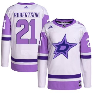 Jason Robertson Men's Adidas Dallas Stars Authentic White/Purple Hockey Fights Cancer Primegreen Jersey